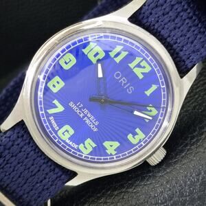 Vintage 1991 Oris Manual Mens Silver Watch W/Nato Strap & Green accents